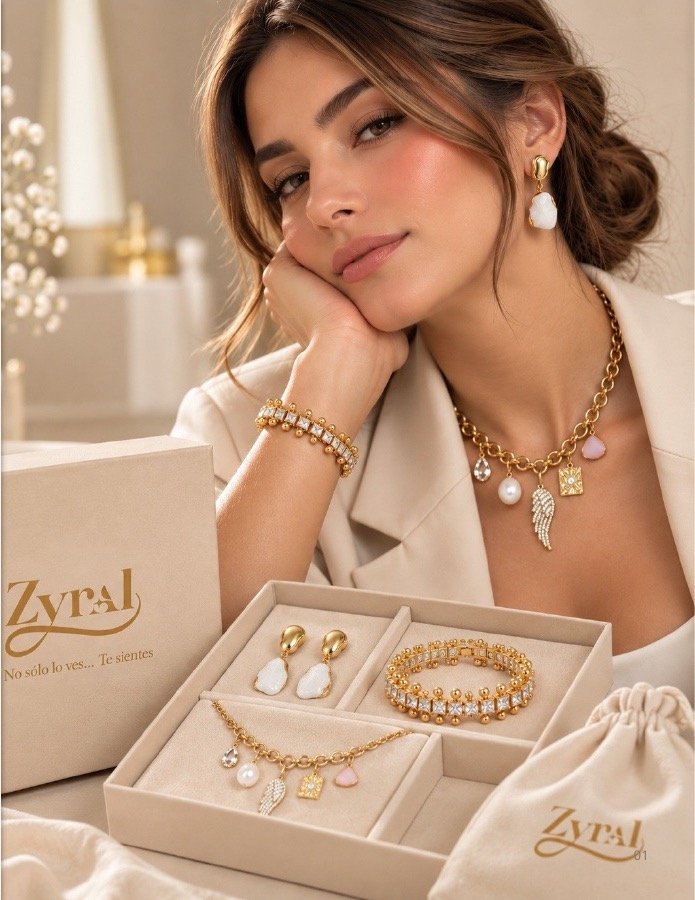 Mujer con collar, pulsera y aretes dorados junto a un set de accesorios ZYRAL en su caja